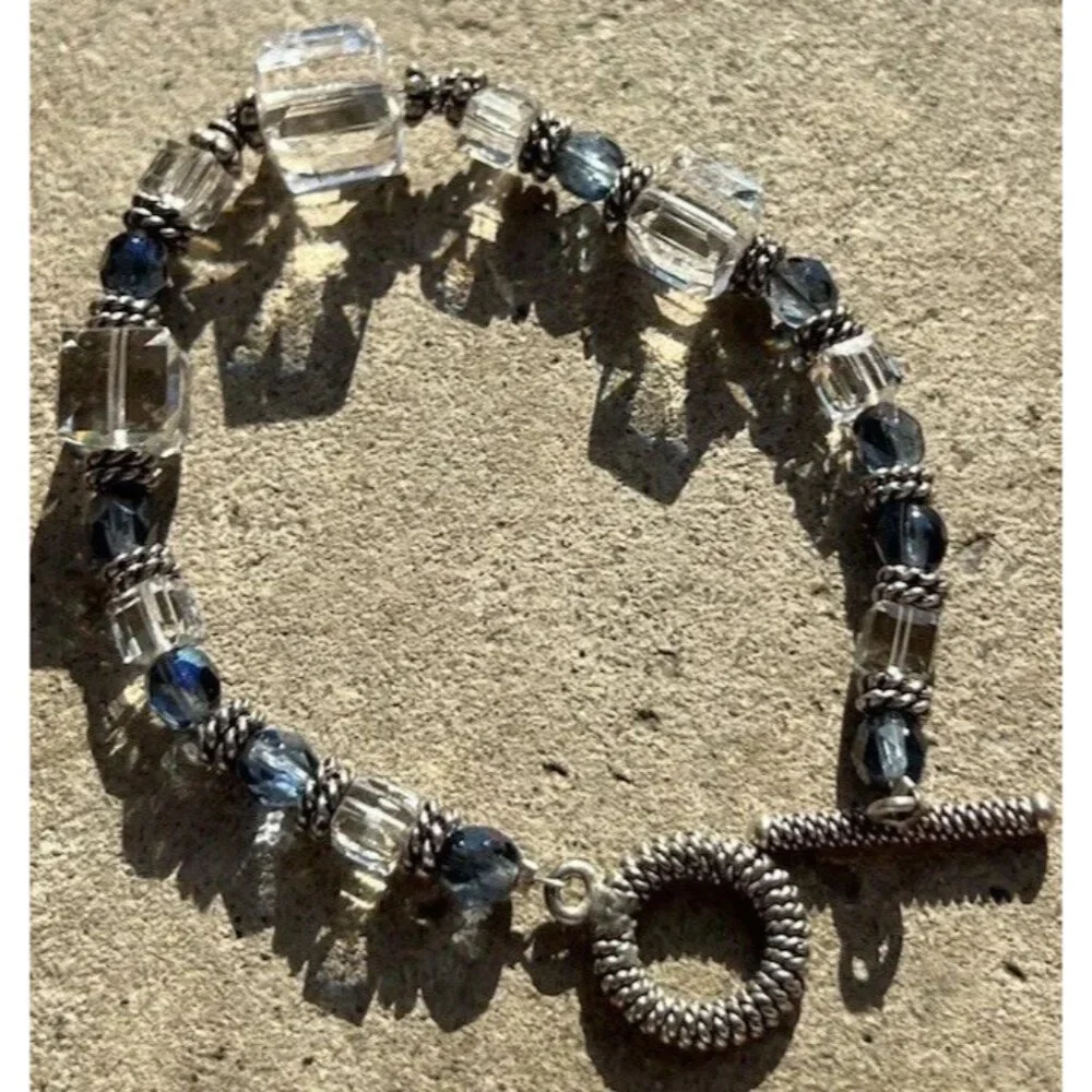 Vintage Silver Boho Chunky Blue White Clear Beaded Glass Women’s Sz 7”